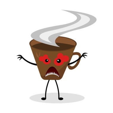 Kırmızı gözlü ve beyaz arka planda sivri dişli bir kahve karakterinin hayali canavar fincanı.