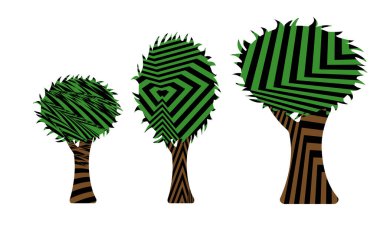 Beyaz arkaplanda izole edilmiş hipnotik desenli ağaçların vektör çizimi 