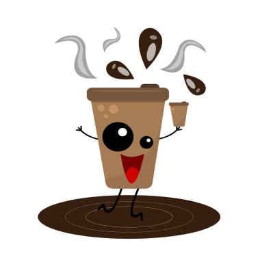 Kahve fincanının mutlu çizgi film karakteri, beyaz arka planda popüler enerji içeceği nesnesi kavramı.