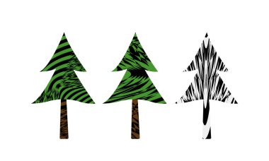 Beyaz arka planda izole edilmiş hipnotik desenli köknar ağaçlarının vektör çizimi 