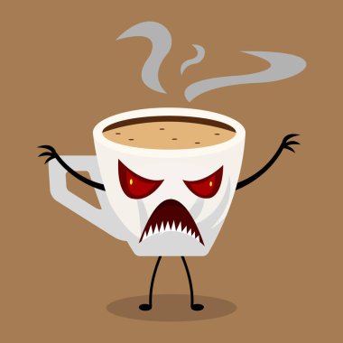 Kırmızı gözlü ve beyaz arka planda sivri dişli bir kahve karakterinin hayali canavar fincanı.