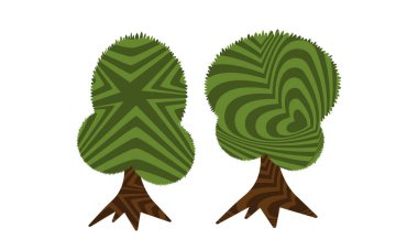 Beyaz arkaplanda izole edilmiş hipnotik desenli ağaçların vektör çizimi 