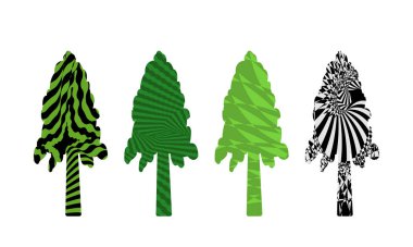 Beyaz arka planda izole edilmiş hipnotik desenli köknar ağaçlarının vektör çizimi 