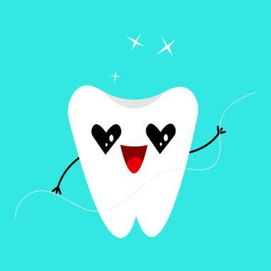 Mutlu dişlerin çizgi film karakteri, diş ipiyle, vektör çizimi.