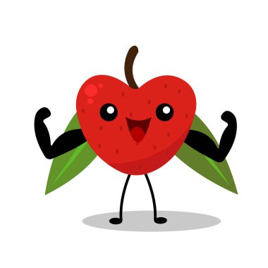 Kolları beyaz arka planda olan kırmızı elma karakterinin mutlu bir çizimi.