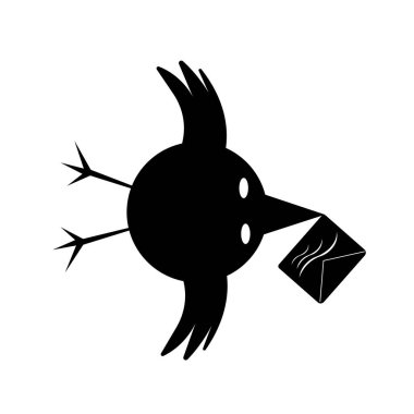 Bir karikatür karakterinin vektör çizimi bir zarf ile teslim siyah kuş  