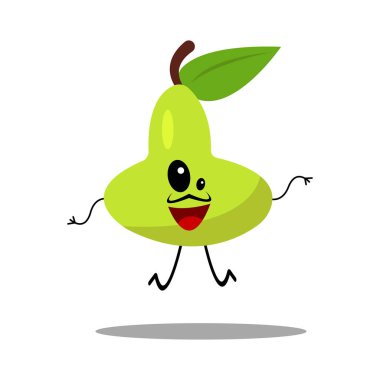 Beyaz arka planda dans eden sevimli armut çizgi film karakteri çizimi