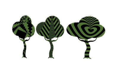 Beyaz arkaplanda izole edilmiş hipnotik desenli ağaçların vektör çizimi 