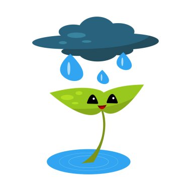 Filiz ve yağmur damlalarının çizgi film çizimi, vektör illüstrasyonu 