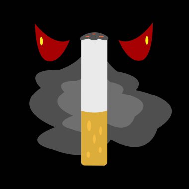 Kırmızı gözlü ve sigaralı bir canavarın yüzü, web tasarımı için şeytan vektör simgelerinin düz çizimi, sigara karşıtı konsept, vektör illüstrasyonu 