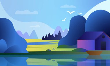 Dağları, ormanı ve göl kenarındaki evi olan güzel manzaranın resmi.