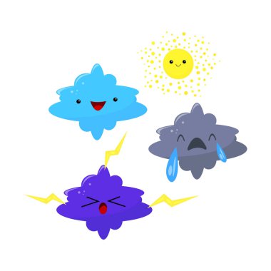 Bulutların farklı çizgi film karakterleri, gözyaşı dolu hüzünlü bulut, mutlu bulut, yıldırımlı kızgın bulut ve mutlu güneş.