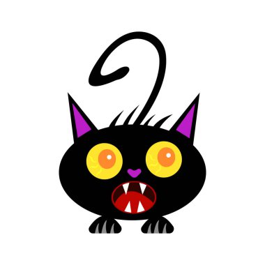 Çizgi film karakteri çizimi beyaz arka planda siyah kedi yavrusunu korkuttu 