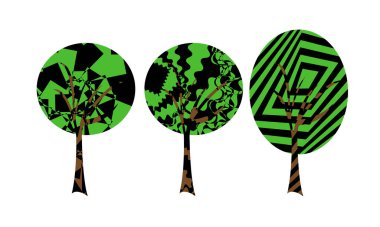 Beyaz arkaplanda izole edilmiş hipnotik desenli ağaçların vektör çizimi 