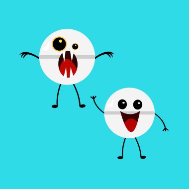 Mavi arka planda canavar hapları ve mutluluk haplarının fantezi çizgi film karakterlerinin çizimi