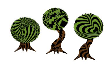 Beyaz arkaplanda izole edilmiş hipnotik desenli ağaçların vektör çizimi 