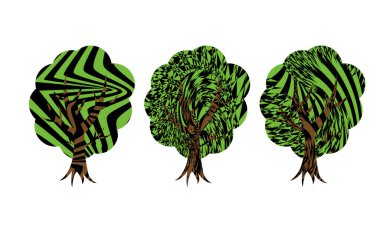 Beyaz arkaplanda izole edilmiş hipnotik desenli ağaçların vektör çizimi 