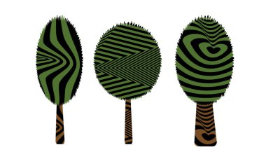 Beyaz arkaplanda izole edilmiş hipnotik desenli ağaçların vektör çizimi 