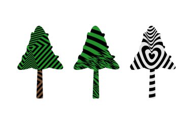 Beyaz arka planda izole edilmiş hipnotik desenli köknar ağaçlarının vektör çizimi 