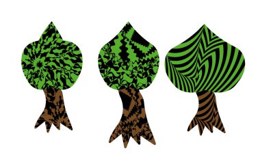 Beyaz arkaplanda izole edilmiş hipnotik desenli ağaçların vektör çizimi 