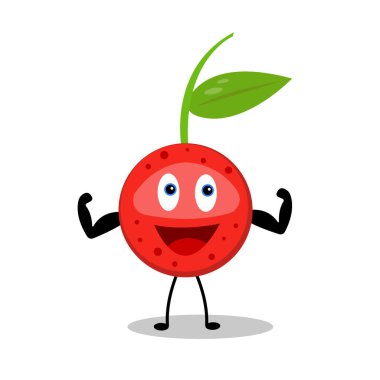 Beyaz arka planda bisepsleri olan mutlu çizgi film karakterinin çizimi