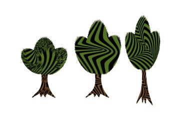 Beyaz arkaplanda izole edilmiş hipnotik desenli ağaçların vektör çizimi 