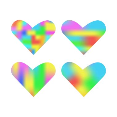 Beyaz arkaplanda soyut çok renkli parlaklık deseni ile kalp şekillerinin vektör çizimi 