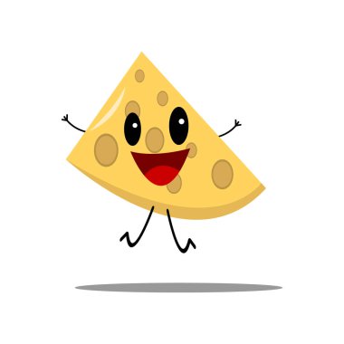 Çizgi film karakteri peynir diliminin beyaz arkaplanda izole edilmiş vektör çizimi.