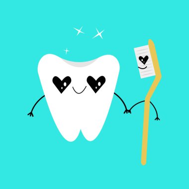 Mutlu dişlerin çizgi film karakterleri, diş fırçası, vektör çizimi.