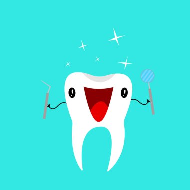 Mutlu dişin çizgi film karakteri, diş aletleri, vektör illüstrasyonu