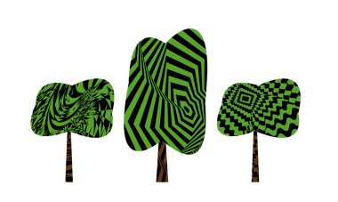 Beyaz arkaplanda izole edilmiş hipnotik desenli ağaçların vektör çizimi 