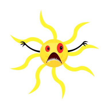 Fantezi çizgi film karakteri canavar güneş karakteri kırmızı gözlü ve beyaz arka planda keskin dişli