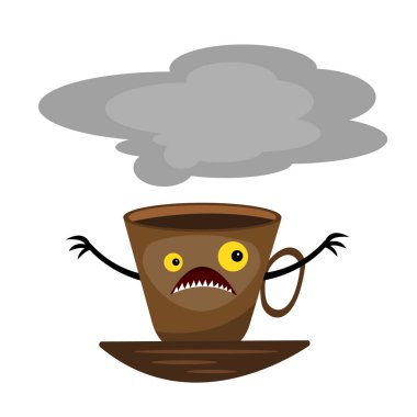 Beyaz arka planda sarı gözlü ve keskin dişli bir kahve karakterinin hayali canavar fincanı.