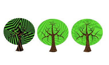 Beyaz arkaplanda izole edilmiş hipnotik desenli ağaçların vektör çizimi 