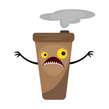 Beyaz arka planda sarı gözlü ve keskin dişli bir kahve karakterinin hayali canavar fincanı.