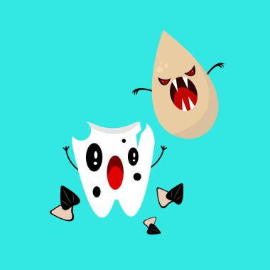Ağız temizliği ve diş sağlığı konsepti, ayçiçeği tohumundan delikleri olan korkmuş dişin çizgi film karakteri.