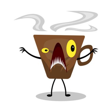 Beyaz arka planda sarı gözlü ve keskin dişli bir kahve karakterinin hayali canavar fincanı.