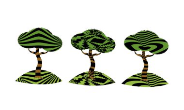 Beyaz arkaplanda izole edilmiş hipnotik desenli ağaçların vektör çizimi 