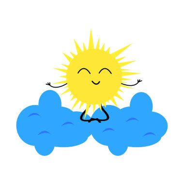 Neşeli güneşin çizgi film vektör karakteri bulutlar üzerinde meditasyon yapıyor.