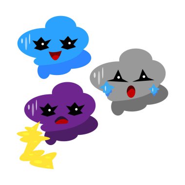 Bulut bebeklerinin farklı çizgi film karakterleri, yağmur damlalı üzgün bulut bebek, mutlu bulut bebek, ve yıldırımlı kızgın bulut bebek