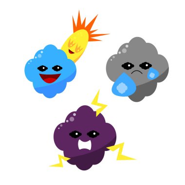 Bulutların farklı çizgi film karakterleri, gözyaşı dolu hüzünlü bulut, arkasında güneş olan mutlu bulut, ve arkasında yıldırım olan kızgın bulut.