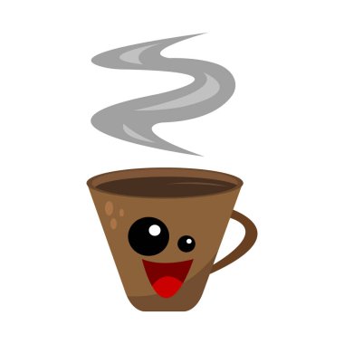 Siyah yuvarlak gözlerle parıldayan mutlu çizgi film kahvesi. Popüler enerji içeceği kavramı. 