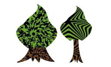 Beyaz arkaplanda izole edilmiş hipnotik desenli ağaçların vektör çizimi 