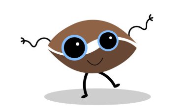 Beyaz arka planda dans eden iri gözlü kahve çekirdeği karakteri.