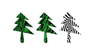 Beyaz arka planda izole edilmiş hipnotik desenli köknar ağaçlarının vektör çizimi 