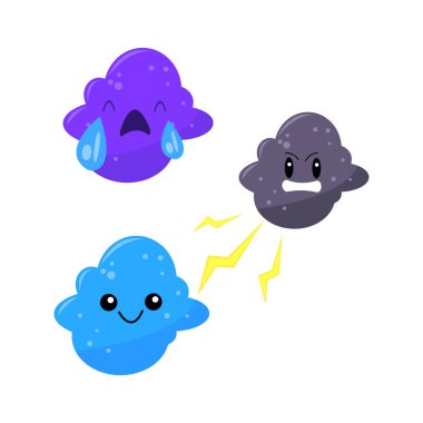 Bulutların farklı çizgi film karakterleri, gözyaşı dolu hüzünlü bulut, mutlu bulut, ve yıldırımlı kızgın bulut.