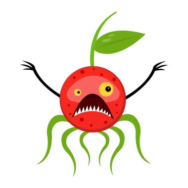 Fantezi çizgi film karakteri kiraz rengi, yeşil bacakları, sarı gözleri ve beyaz arka planda keskin dişleri var.