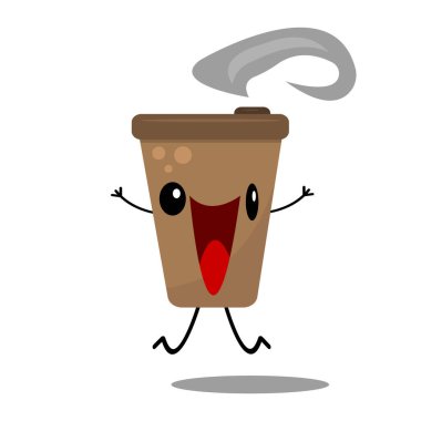 Siyah yuvarlak gözlerle parıldayan mutlu çizgi film kahvesi. Popüler enerji içeceği kavramı. 