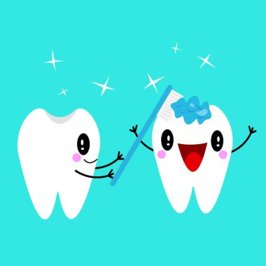 Ağız temizliği ve diş sağlığı konsepti, sağlıklı dişlerin çizgi film karakterleri birbirlerini diş macunuyla fırçalarlar.