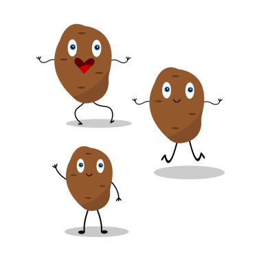 Kahverengi karikatür patatesi çeşitli şekillerde gülümseyen karikatür tasarım için karakter oluşturur.
